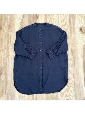 MUJI 100% Hemp Oversized Mandarin Collar Button Front Tunic Top Blue size Medium
